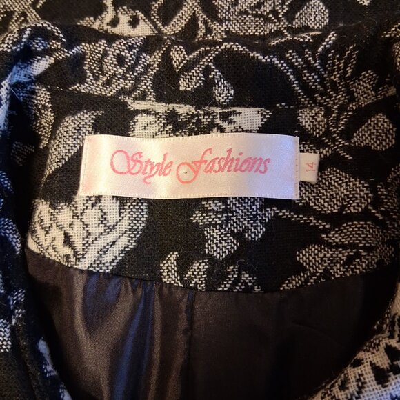 NEW Women’s Elegant Pea Coat Black White Floral Lined Trench Coat ¾ Sleeve 14 L - Picture 8 of 9